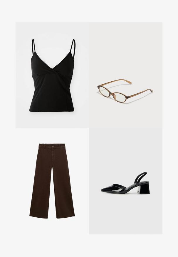 Schwarzes Top mit dünnen Trägern, V-Ausschnitt, figurbetonter Form und glatter Stofftextur, bietet einen klassischen und vielseitigen Stil.; Braune, weit geschnittene Hosen aus Baumwollmischung mit fransigem Saum, vorderem Knopfverschluss und klassischem Fünf-Taschen-Design. Minimalistisch und vielseitig.; Schwarze Lackleder-Slingback-High Heels mit spitzem Schuh und einem geometrischen Blockabsatz. Verfügt über ein schlankes, minimalistisches Design und eine glatte Textur.; Braune Schildpatt-Brille mit ovalen Gläsern, dünnen Bügeln und transparenten Akzenten. Verfügt über ein dezentes Logo am Bügel. Elegantes, leichtes Design.