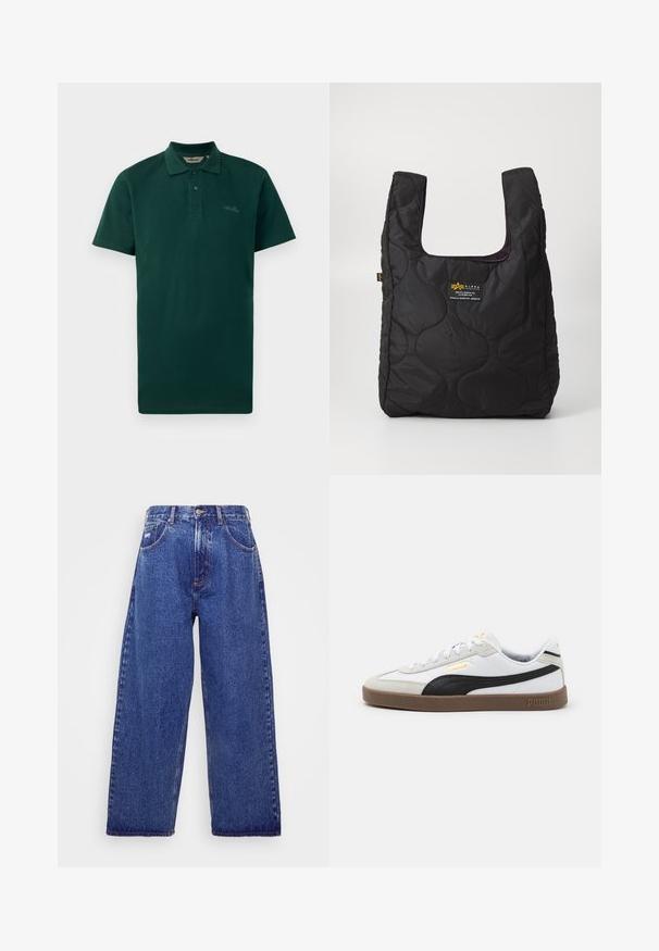 Dark green polo shirt, short sleeves, two-button placket, ribbed collar, and subtle logo on the chest. Made from textured cotton fabric.; Wide-leg, blue denim jeans with a high waist, featuring five pockets, a button closure, and subtle fading for texture.; White leather sneaker with black suede accent, round toe, flat brown rubber sole, and embossed gold logo on the side. Laces and padded collar.; Black quilted tote bag with a large opening, curved shapes on the surface, and a label featuring yellow and white text on the front.