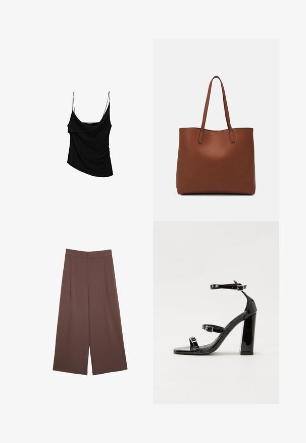 Schwarzes Top mit dünnen verstellbaren Trägern, das eine drapierte Vorderseite und eine geraffte Seitenpartie aufweist, aus leichtem Stoff gefertigt.; Braune Weite-Leg-Hosen mit einer glatten Textur, hoher Taille und Vorderfalten. Der Stoff ist leicht und fällt locker.; Schwarze patentierte Sandalen mit Absatz, quadratischer Spitze, Knöchelriemen und silbernen Schnallen. Mit einem stabilen Blockabsatz für mehr Stabilität.; Braune Leder-Tote mit glatter Textur, offenem Oberteil und zwei Schulterriemen. Verfügt über minimale Nähte und keine sichtbaren Beschläge.