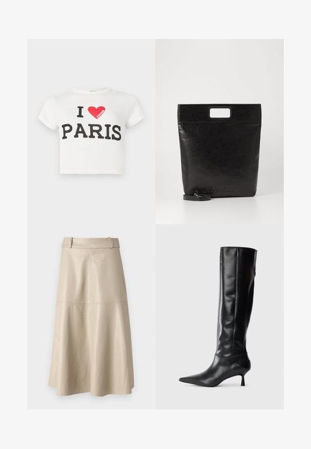 T-shirt court à manches courtes blanche avec "I ♥ FUTURE PARIS" imprimé, graphique d'un cœur rouge incluant le mot "FUTURE" à l'intérieur.; Jupe midi en cuir beige avec une texture lisse, une large taille et un ourlet évasé ; présente des coutures piquées pour un détail supplémentaire.; Botte en cuir noir hautes jusqu'au genou avec un bout pointu et un talon fin et courbé. Texture lisse, design ajusté, sans matériel ni motifs visibles.; Sac fourre-tout en cuir noir avec une poignée carrée, arborant une finition texturée et un logo en relief. Comprend une bandoulière amovible.