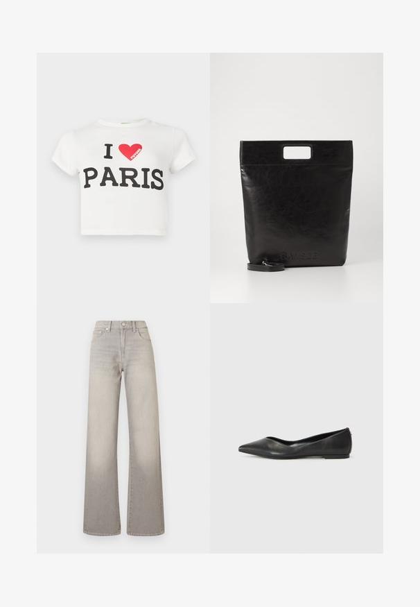 White cotton crop t-shirt with short sleeves, featuring bold black text saying "I LOVE PARIS" and a red heart, with the word "FUTURE" in red.; Gray wide-leg jeans with a faded finish, button closure, five-pocket design, and stitched detailing along the seams.; Black leather ballet flat with a pointed toe, low heel, and smooth texture. Minimal design with a subtle side accent.; Black leather tote bag with a square handle, featuring a textured finish and embossed logo. Includes a detachable strap.