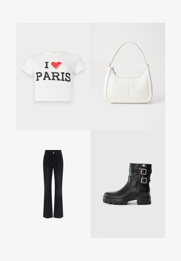 Witte cropped T-shirt met korte mouwen bedrukt met "I ♥ FUTURE PARIS", rode hartafbeelding met het woord "FUTURE" erin.; Zwarte denim flare jeans met een hoge taille, een vijf-pocket ontwerp en metallic knoopaccenten aan de zijkanten. Glad textuur en klassieke pasvorm.; Zwarte leren enkellaarzen met dubbele gespaccenten, ritssluiting, chunky zool en een gladde textuur. Heeft een robuust en stylish ontwerp.; Witte lederen handtas met een gebogen vorm, voorzien van een reliëf "CK" logo aan de voorkant en een enkele schouderriem. Ritsluiting aan de bovenkant.