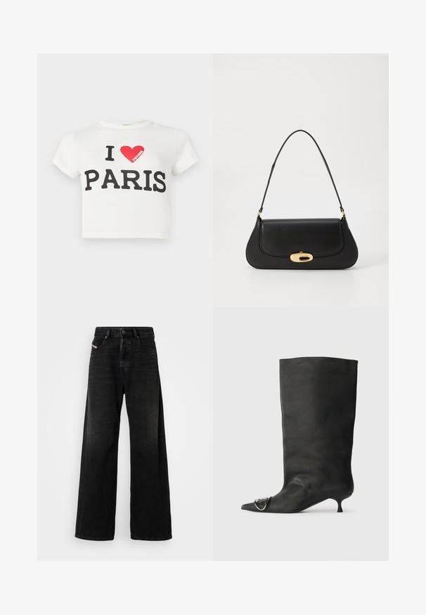 White cotton crop t-shirt with short sleeves, featuring bold black text saying "I LOVE PARIS" and a red heart, with the word "FUTURE" in red.; Wide-leg black denim jeans with a high waist, featuring a button closure, front pockets, and a faded texture.; Black leather ankle boot with a pointed toe, small heel, and metallic accent detail on the toe. Smooth, matte texture throughout.; Black leather handbag with a curved design, gold-tone hardware, and a top handle. Features a sleek closure and smooth texture.