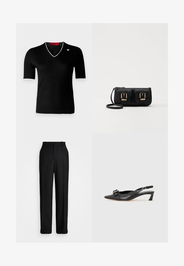 MAX&Co. REGIA - Lihtne T-särk - schwarz; Polo Ralph Lauren HIGH RISE RELAXED STRAIGHT TROUSER - Püksid - black; Must must nahk slingback kingad terava varbaga, väikese kontsaga ja dekoratiivse pandlaga ülaosas. Sile tekstuur, minimalistlik disain.; Must küllastamata nahast õlakott, millel on kaks esist nähtavat taskut, kuldsed pandlad, tõmblukuga sulgemine ja peen rihm. Tekstuuriga pind ja kompaktne ristkülikukujuline kuju.