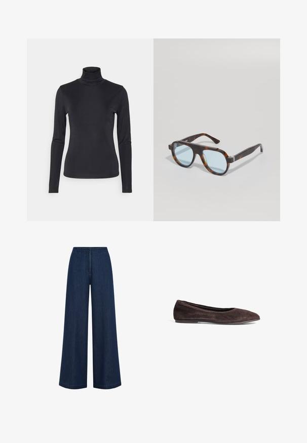 Schwarzes Langarm-Turtleneck-Oberteil aus einem glatten, dehnbaren Stoff. Hat ein figurbetontes Design und einen hohen Kragen. Minimalistischer Stil, keine sichtbaren Muster.; Dunkelblaue Jeanshemd mit Kragen, Knopfleiste und weiten Dreiviertelärmeln mit Manschettenverzierungen.; Weite, dunkelblaue Jeans mit geradem Schnitt, aus Denim gefertigt. Verfügt über einen hohen Bund und subtile Nahtdetails. Keine sichtbaren Metallteile.; Braune Wildleder-Ballerinas mit spitzem Absatz und niedrigem Profil. Verfügt über eine glatte Textur und ein minimalistisches Design. Keine sichtbaren Beschläge oder Akzente.; Schildpatt-Sonnenbrille mit blauen Gläsern. Quadratförmiges, dickes Rahmen-Design mit klaren Akzenten in der Nähe der Scharniere. Glatte Oberfläche, keine sichtbaren Logos.