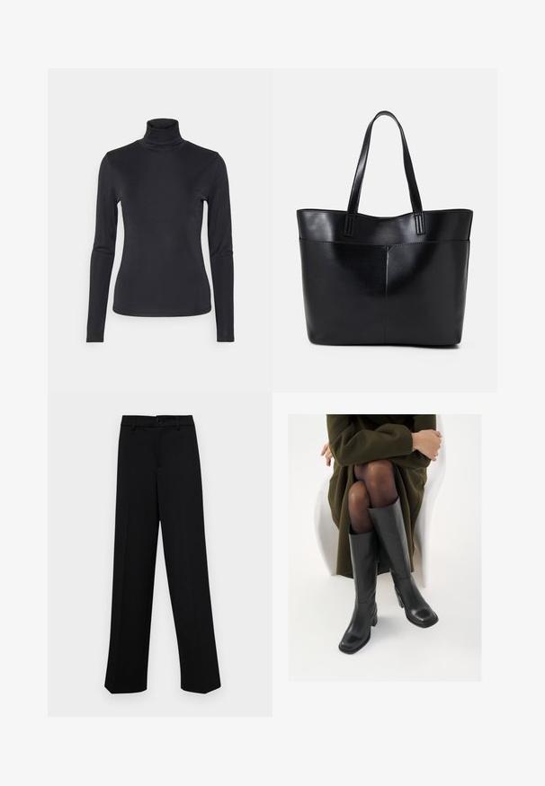 Black turtleneck long-sleeve top made of a smooth, stretchy fabric. Features fitted design and a high collar. Minimalist style, no visible patterns.; Black wide-leg trousers made of smooth fabric, featuring a classic waistband with a button closure and front pleats.; Knee-high black leather boots with a squared toe and block heel, shown with a model seated in an olive green coat. Smooth texture, minimal detailing.; Black leather tote bag with two long handles, a smooth texture, and a structured shape. Features a front pocket for additional storage.