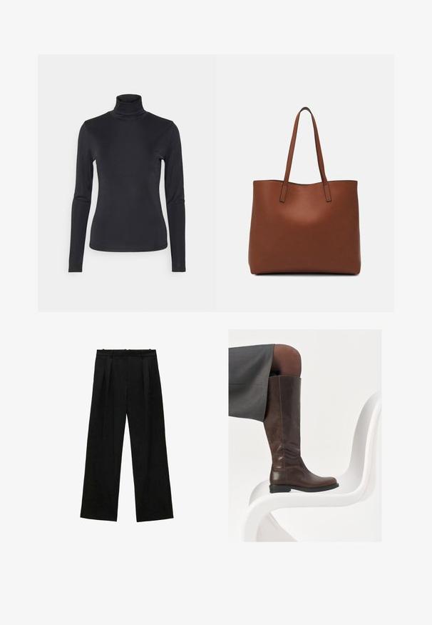 Maglia a collo alto nera a maniche lunghe realizzata in un tessuto liscio e elastico. Presenta un design aderente e un collo alto. Stile minimalista, senza motivi visibili.; Pantaloni neri a gamba larga con pieghe, caratterizzati da una texture liscia e un design a vita alta. Stile minimalista, senza hardware o decorazioni visibili.; Stivale in pelle marrone alto fino al ginocchio con punta arrotondata, superficie liscia e dettagli di cucitura minimi, posato su uno sfondo chiaro su una sedia bianca.; Borsa tote in pelle marrone con texture liscia, design con apertura superiore e due spallacci. Presenta cuciture minime e nessun hardware visibile.