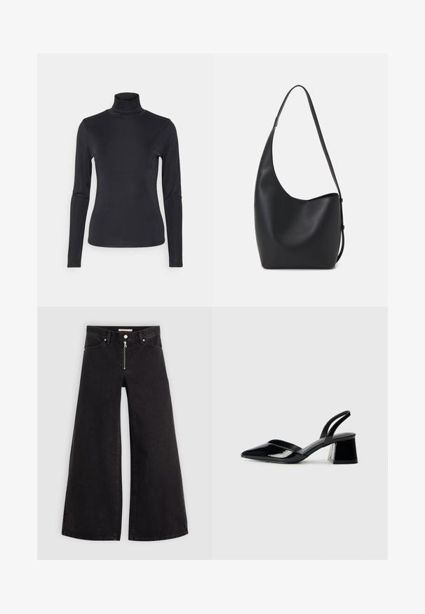 Crna turtleneck majica dugih rukava izrađena od glatkog, rastezljivog materijala. Ima uski kroj i visoki ovratnik. Minimalistički stil, bez vidljivih uzoraka.; Široke traperice od crnog denima s prednjim zatvaračem, dizajnom s pet džepova i suptilnim detaljima šivanja. Glatka tekstura i ležeran stil.; Crne lakirane kožne sandale s otvorenom petom i špicastim vrhom, s geometrijskom blok petom. Imaju elegantan, minimalistički dizajn i glatku teksturu.; Crna kožna hobo torba s glatkom teksturom, zakrivljenim oblikom i jednom podesivom trakicom; ima širok otvor na vrhu.