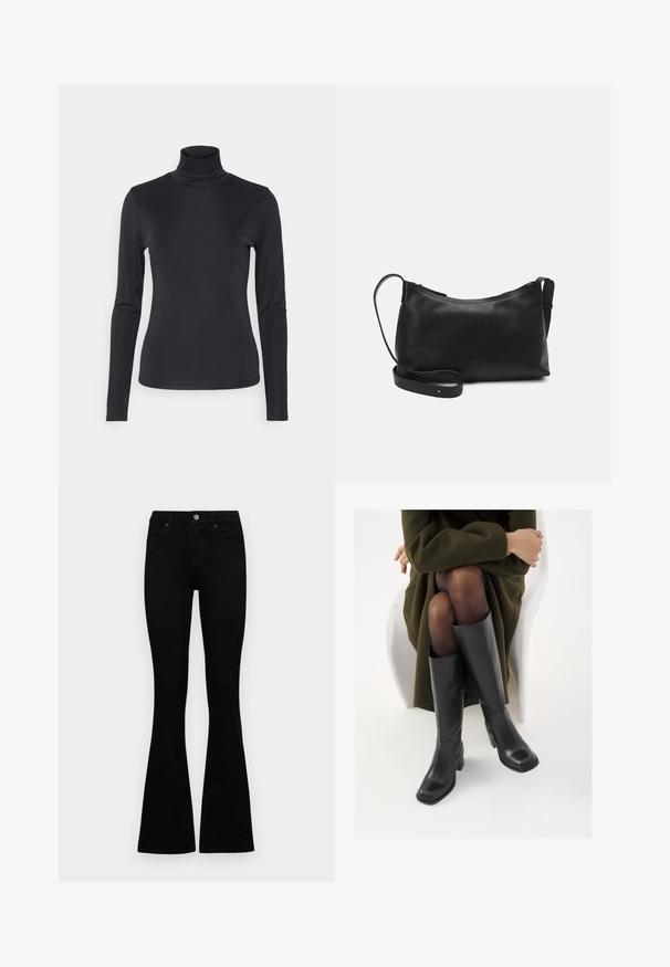 Mustat korkeakauluksinen pitkähiha toppi, joka on valmistettu sileästä, joustavasta kankaasta. Ominaisuuksina on tiukka muotoilu ja korkea kaulus. Minimalistinen tyyli, ei näkyviä kuvioita.; Mustat korkeavyötäröiset farkut nappi- ja vetskariyläosalla, etutaskuilla ja levenevillä lahkeilla, asetettuna tasaisesti valkoista taustaa vasten.; Polvisuoja mustat nahastossud, millel on ruudukujuline varvas ja plokk-kints, on esitatud mudeli seljas, kes istub oliivrohelises mantlis. Sile tekstuur, minimaalne detailitus.; Musta nahkainen olkalaukku, jossa on sileä pinta, kaareva muoto, säädettävä hihna ja vetoketjukiinnitys. Minimalistinen muotoilu ilman koristeita.