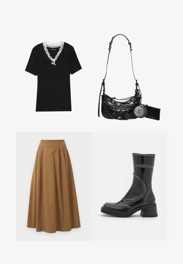 Fekete, rövid ujjú póló V-kivágással, fehér csipke gallérral és egy kis masni díszítéssel a nyaknál. Puha, sima anyag.; Barna pamut A-vonalú szoknya magas derékkal, elöl pliszézett és sima textúrával. Az alsó szegélyek letisztultak és egyszerűek.; Fekete lakkbőr bokacsizma fehér varrással, kerek orral és blokk sarkal. Görbült formai vonalakkal és sima textúrával rendelkezik.; Fekete szintetikus bőr kézitáska ívelt kialakítással, cipzáras elülső zsebbel és díszítő fémalkatrészekkel, valamint levehető kerek érmés tárcával.