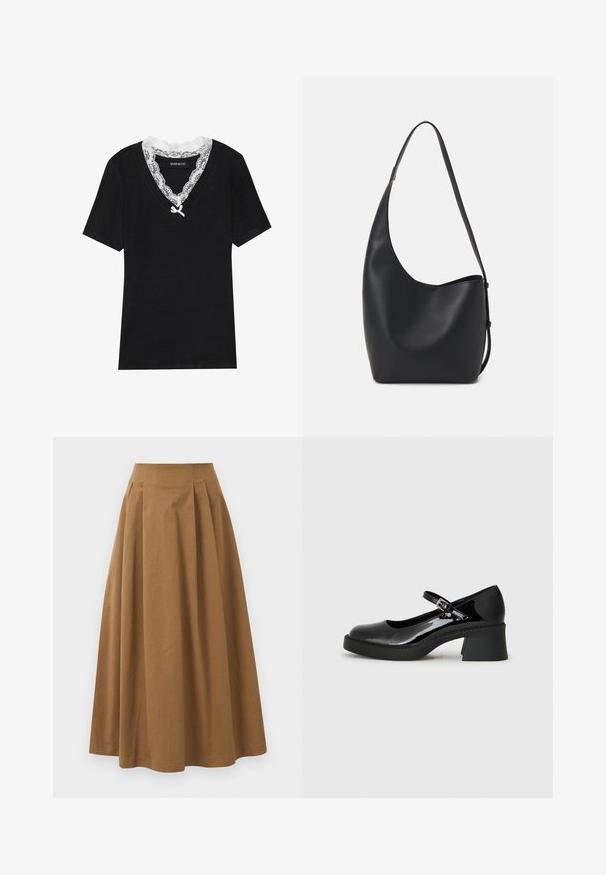 Mustat lyhythihaiset t-paidat, joissa on V-kaula-aukko, valkoisella pitsikauluksella ja pienellä solmukiinnityksellä kaula-aukossa. Pehmeä, sileä kangas.; Ruskea puuvillainen A-linjainen hame korkealla vyötäröllä, jossa on laskokset edessä ja sileä pinta. Helma on viimeistelty siististi ja yksinkertaisesti.; Musta lakattu Mary Jane -kengät pyöreällä varvalla, säädettävällä hihnalla ja leveällä neliökorolla. Ominaisuuksiin kuuluu teksturoitu pohja.; Musta nahkainen hobo-laukku, jossa on sileä pinta, kaareva muoto ja yksi säädettävä olkahihna; sisäänkäynti on leveä ylhäältä.