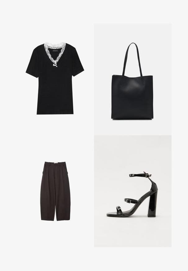 Schwarzes Kurzarm-T-Shirt mit V-Ausschnitt, das einen weißen Spitzenkragen und ein kleines Schleifendetail am Ausschnitt hat. Weicher, glatter Stoff.; Schwarze weit geschnittene Hosen aus einem glatten Stoff, mit hoher Taille, Frontfalten und Seitentaschen. Schlichtes Design ohne Verzierungen.; Schwarze patentierte Sandalen mit Absatz, quadratischer Spitze, Knöchelriemen und silbernen Schnallen. Mit einem stabilen Blockabsatz für mehr Stabilität.; Schwarze Laptoptasche aus Leder mit glatter Textur, rechteckiger Form und zwei langen Griffen. Keine sichtbaren Beschläge oder Verzierungen.
