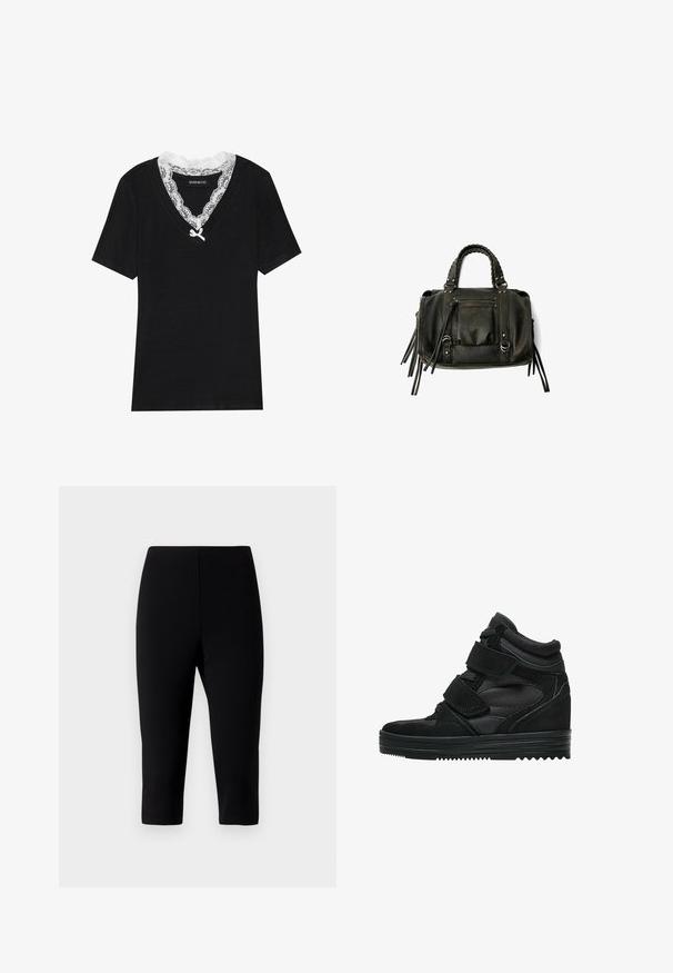 Čierne tričko s krátkym rukávom a výstrihom do V, so bielym čipkovým golierom a malou mašličkou v oblasti výstrihu. Mäkkučký, hladký materiál.; Čierne capri nohavice z elastického materiálu s priliehavým strihom, ktoré končia tesne pod kolenami, majú hladký povrch a žiadne viditeľné švy.; Čierne vysoké tenisky vyrobené z semišu a sieťoviny, vybavené suchými zipsami, hladkým povrchom a štruktúrovanou gumovou podrážkou pre lepšiu priľnavosť.; Čierna kožená kabelka s vrkočovými uchami, zipsovou kapsou a zavesenými strapcami. Textúrovaný povrch s kovovými cvokmi a akcentmi z kovu.