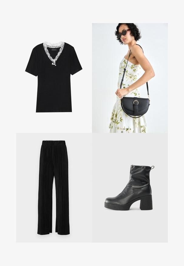 Schwarzes Kurzarm-T-Shirt mit V-Ausschnitt, das einen weißen Spitzenkragen und ein kleines Schleifendetail am Ausschnitt hat. Weicher, glatter Stoff.; Schwarze plissierte Hose mit elastischem Bund. Verfügt über weite Hosenbeine und einen glatten, strukturierten Stoff mit vertikalen Streifen.; Schwarze Stiefeletten aus glattem Leder mit seitlichem Reißverschluss, klobigem strukturiertem Absatz und runder Zehenform.; Schwarze Lederhandtasche mit geschwungener Form, abnehmbarem Tragegurt und goldenen Beschlägen. Die Tasche verfügt über einen Deckel mit einer Schnallen-Details.