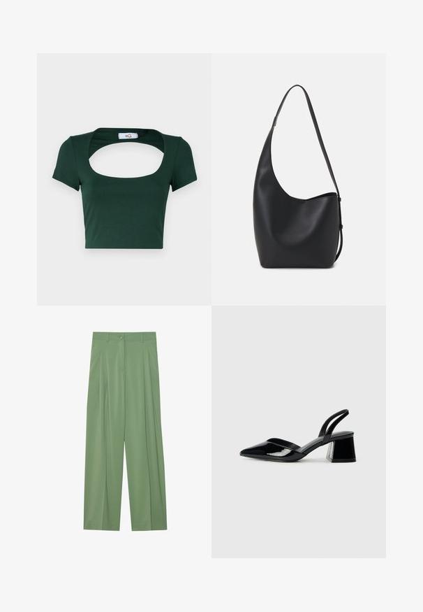 Zelené skrátené tričko vyrobené z mäkkej látky, so širokým štvorcovým výstrihom a krátkymi rukávmi, s minimálnymi švovými detailami.; Zelené široké nohavice vyrobené z hladkej látky. Obsahujú prešívanie vpredu, jedno zakrytie tlačidla a pútka na opasok.; Čierne lakované kožené sandálové podpätky s špicatou špičkou a geometrickým blokovým podpätkom. Disponujú elegantným, minimalistickým dizajnom a hladkým povrchom.; Čierna kožená hobo taška so hladkou textúrou, zakriveným tvarom a jedným nastaviteľným popruhom; má široké otvorenie na vrchu.