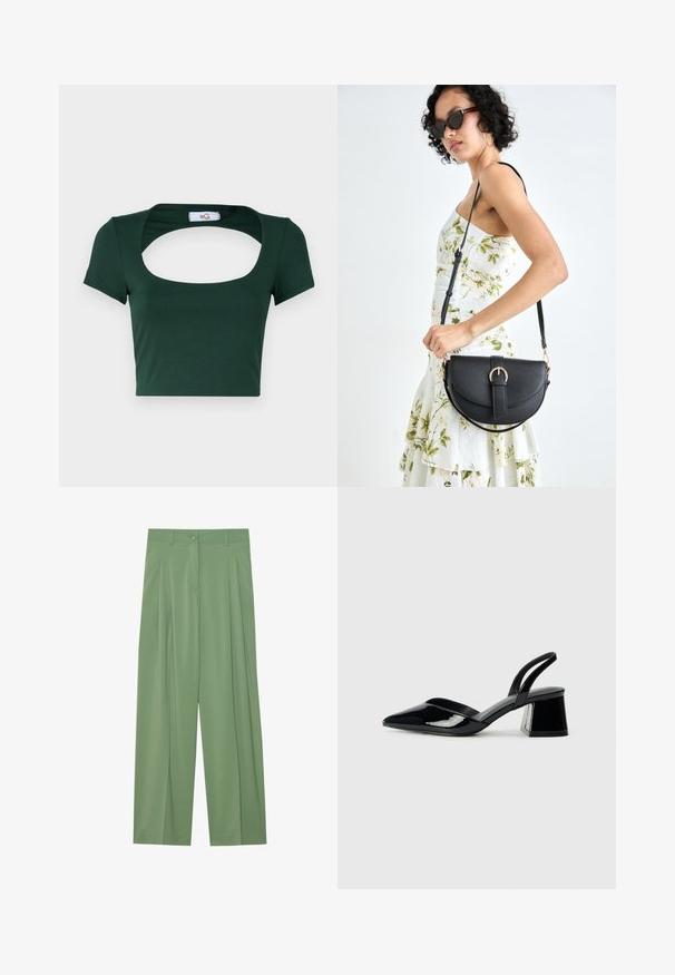 T-shirt verde curta feita de tecido macio, apresentando um decote quadrado largo e mangas curtas, com detalhes de costura mínimos.; Calças largas verdes feitas de tecido suave. Apresentam pregas na frente, um fecho de botão único e passantes para cinto.; Sandy em verniz preto com salto slingback, ponta afilada e salto geométrico. Apresenta um design elegante e minimalista com textura suave.; Bolsa de couro preta com forma curva, alça destacável e detalhes em dourado. A bolsa possui uma aba com detalhe de fivela.