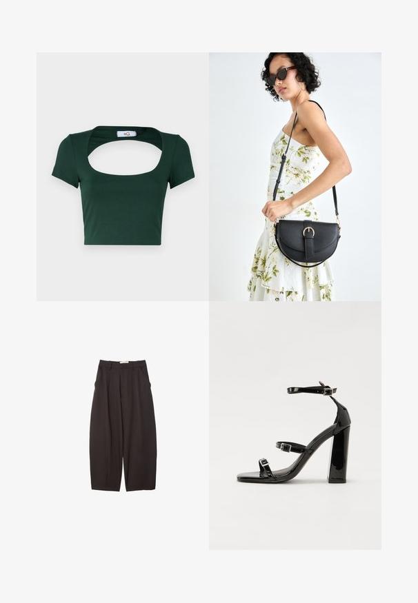 Grøn cropped t-shirt lavet af blødt stof, med en bred firkantet halsudskæring og korte ærmer, samt minimale syninger.; Sorte brede bukser lavet af et glat stof, med høj talje, forfaldne folder og sidelommer. Simpelt design uden udsmykninger.; Sorte laklædersandaler med høje hæle, to spænderemme, firkantet tå og en kraftig blokhæl, der har en glat, blank overflade.; Sort læderhåndtaske med en buet form, aftagelig rem og guldfinish. Tasken har en klap med en spænde detalje.