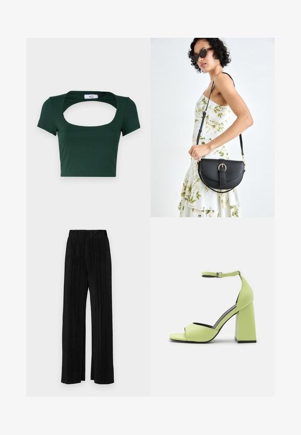 Grønn avkortet t-skjorte laget av mykt stoff, med en bred firkantet utringning og korte ermer, med minimale sømdetaljer.; Sorte plisserte bukser med elastisk midje. Har vide ben og et glatt, strukturert stoff med vertikale striper.; Even&Odd Sandaler med høye hæler - light green; Svart lærveske med en buet form, avtagbar stropp og gullbeslag. Vesken har et klaff med spenne-detall.