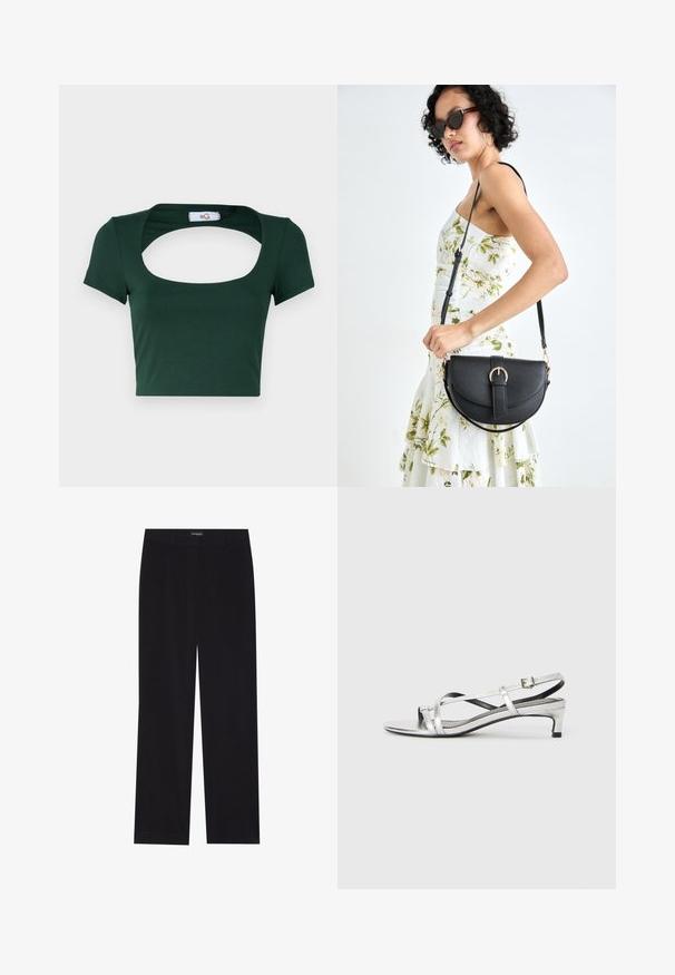 Tricou verde scurt, realizat dintr-un material moale, având un decolteu pătrat larg și mâneci scurte, cu detalii de cusătură minime.; Pantaloni din cord din culoare neagră, cu croială dreaptă, având un brâu plat și fără buzunare vizibile, textură netedă și detalii cu fante verticale.; Sandale slingback metalice argintii cu toc mic, cu bretele încrucișate și o textură netedă. Design minimalis.; Geantă din piele neagră, cu o formă curbată, curea detașabilă și accesorii aurii. Geanta are un capac cu un detaliu tip cataramă.