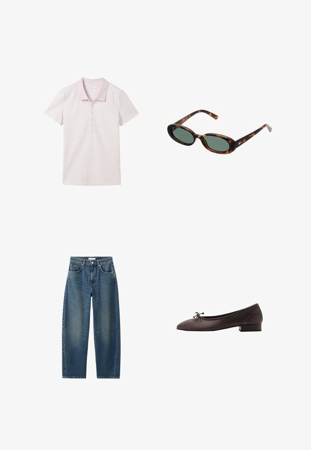 Poloko s krátkym rukávom v svetloružovej farbe s bielymi pruhmi, s golierom a plaketou na tri gombíky, vyrobené z hladkej tkaniny.; Bezrukávové biele šaty s okrúhlym výstrihom a asymetrickým lemom, ktorý na jednej strane spadá do špičky.; Tmavomodré denimové džínsy so rovnými nohavicami, dizajnom s piatimi vreckami a klasickým gombíkovým zapínaním. Mäkka textúra s jemným vyblednutím.; Hnedé kožené baletky s zaoblenou špičkou a malým blokovým podpätkom. Obsahujú tenkú mašľu vpredu a jemné švy.; Slnečné okuliare v štýle korytnačiny s oválnymi rámami a zelenými sklami. Majú tenké nožičky s kovovým akcentom pri pántoch.; Tkaná žltá kabelka s oblúkovou hornou rukoväťou a neštruktúrovaným tvarom. Textúrovaný povrch obsahuje krížový vzor.