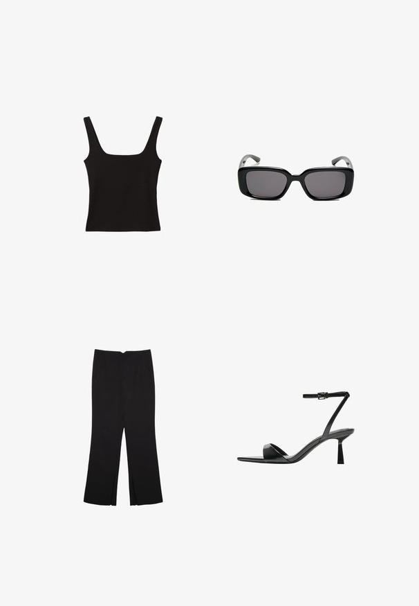Sort tanktop med firkantet udskæring, lavet af glat bomuldsstof, med brede stropper og en tætsiddende silhuet.; Sorte bukser med lige pasform, der har frontlommer og slidser i kanten. Lavet af blødt, glat stof. Velegnet til forskellige anledninger.; Bershka Højhælede sandaletter / Højhælede sandaler - black; Sorte rektangulære solbriller med mørke linser, glat plastikramme og buede stænger. Designet er klodset med en minimalistisk æstetik.