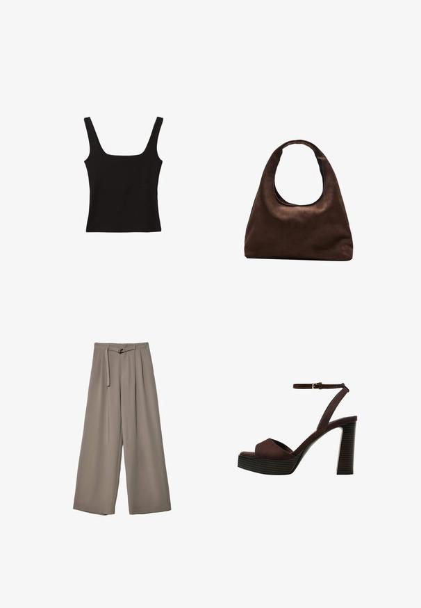 Top nero senza maniche con scollatura quadrata, realizzato in morbido tessuto di cotone, con spalline larghe e una silhouette aderente.; Pantaloni a gamba larga in un morbido tessuto grigio tenue, con vita con cintura e pieghe per un tocco di design aggiuntivo. Texture liscia, senza motivi.; Sandal in camoscio marrone con tacco alto, punta aperta, cinturino alla caviglia regolabile e suola a piattaforma striata.; Borsa hobo di un morbido marrone con una sola tracolla larga e un'apertura a manico curvo, esposta su uno sfondo bianco.