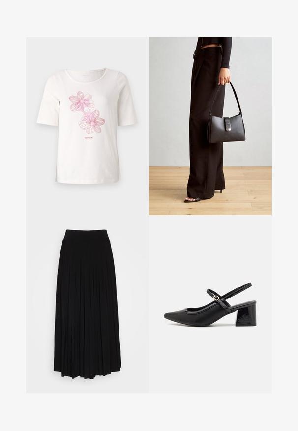 T-shirt blanc à manches courtes en coton, avec des motifs floraux roses et le texte "TOM TAILOR" en dessous des graphiques.; Jupe plissée noire avec une taille haute et extensible. Fabriquée en tissu doux, elle présente des plis verticaux pour une silhouette fluide.; Escarpins slingback en cuir verni noir avec un embout pointu, un design à découpes arrondies et un talon carré. Présente un accent de boucle en ton doré.; Sac à main noir à la forme structurée, texture lisse et fermoir métallique. Associé à un pantalon noir ample et des sandales ouvertes sur un sol en bois.