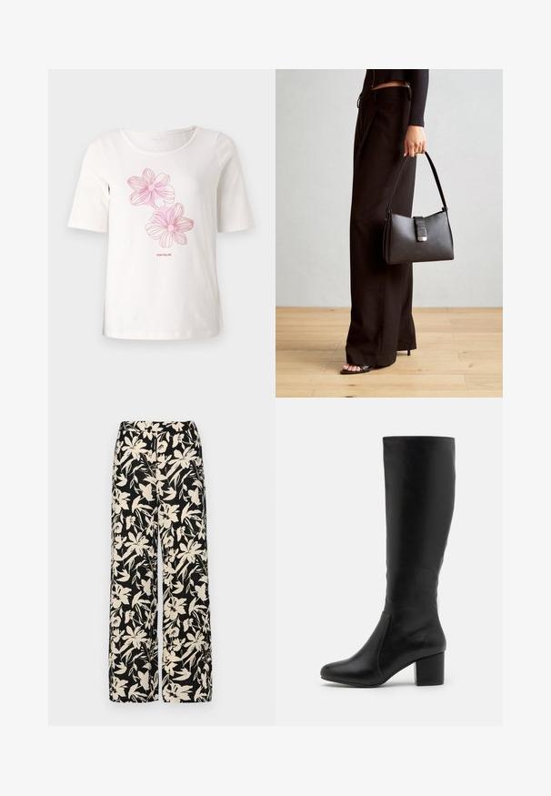 Weißes T-Shirt mit kurzen Ärmeln aus Baumwolle, das rosa Blumenmuster und den Schriftzug "TOM TAILOR" unter den Grafiken trägt.; Schwarze weit geschnittene Hose mit einem cremefarbenen Blumenmuster. Hergestellt aus leichtem Stoff, mit einer glatten Textur und einem hohen Bund.; Knielange schwarze Lederstiefel mit glatter Textur, abgerundeter Zehenpartie, Seitenpaneel und einem massiven Blockabsatz.; Schwarze Handtasche mit strukturierter Form, glatter Textur und einem metallischen Verschluss. Kombiniert mit weiten schwarzen Hosen und offenen Sandalen auf einem Holzboden.