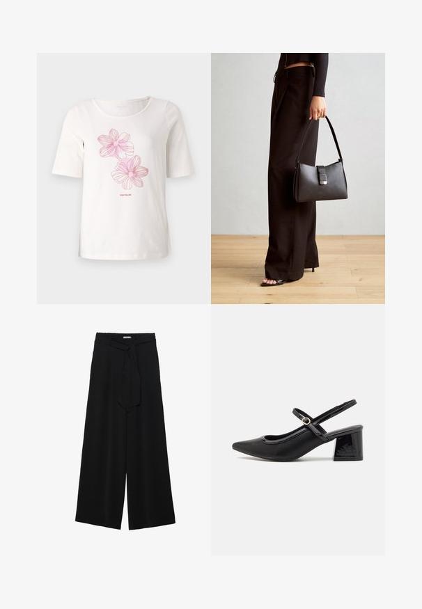 Balta trumpa rankove marškinėliai, pagaminti iš medvilnės, su rožiniais gėlių raštais ir tekstu "TOM TAILOR" po piešiniais.; Juoda plačių kojų kelnės, pagamintos iš tekstūruoto audinio, su elastingu juosmeniu ir atsegamu diržu juosmenyje, leidžiančiu reguliuoti dydį.; Juodi patentinio odos slingback aukštakulniai su smailiu pirštu, apvaliu išpjovimu ir blokiniu kulnu. Papuošti auksiniu juostos akcentu.; Juodas rankinė struktūrizuota forma, lygi tekstūra ir metalinis užsegimas. Suporuota su plačiomis juodomis kelnėmis ir atvirais bateliais ant medinių grindų.