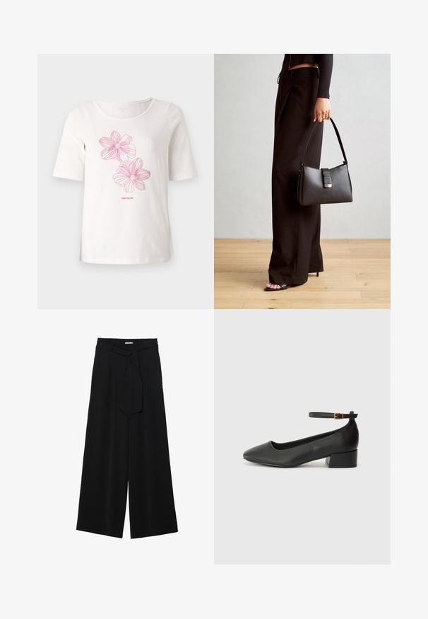 Baltā īsām piedurknēm T-kreklā, kas izgatavots no kokvilnas, ir rozā ziedu raksti un teksts "TOM TAILOR" zem grafikas.; Melni platleņķa bikses ar teksturētu audumu, elastīgu jostu un noņemamu siksnu viduklī, kas nodrošina regulējamu piegulšanu.; Melnas ādas sūkņi ar smailu purngalu un zemu bloku papēdi. Iezīmēts ar potītes siksniņu ar zelta krāsas sprādzi. Gluda tekstūra.; Melnā somiņa ar strukturētu formu, gludu tekstūru un metālu sprādzi. Saskaņota ar platām melnām biksēm un sandālēm ar atvērtu purngalu uz koka grīdas.