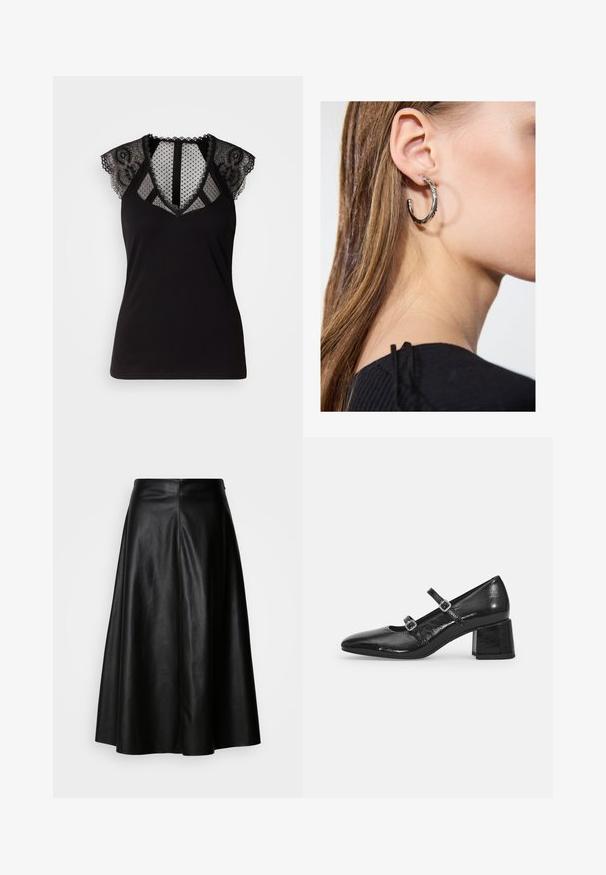 Black sleeveless top featuring lace accents on the shoulders and a sheer, polka-dotted mesh panel at the neckline and back.; Black leather skirt with a flared design, knee-length, featuring a smooth texture and a clean, seam-structured back for a tailored look.; Black patent leather Mary Jane shoes with a pointed toe, two adjustable straps, and a chunky block heel. Smooth texture and glossy finish.; Silver hoop earring with a polished finish, featuring small gold accent details and a round shape, worn on the lobe.
