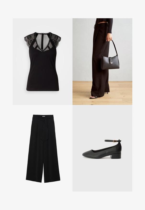 Top nero senza maniche con dettagli in pizzo sulle spalle e un pannello in rete trasparente a pois sul collo e sul retro.; Pantaloni neri a gamba larga caratterizzati da un tessuto testurizzato, una vita elastica e una cintura staccabile per una vestibilità regolabile.; Pump in pelle nera con punta affusolata e tacco basso a blocco. Presenta una cinghia alla caviglia con una fibbia in tonalità oro. Texture liscia.; Borsa nera con forma strutturata, texture liscia e una chiusura metallica. Abbinata a pantaloni neri larghi e sandali open-toe su un pavimento in legno.