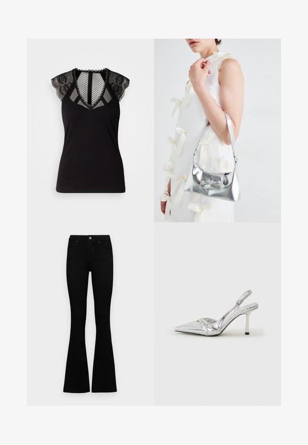 Fekete ujjatlan felső csipkés díszítéssel a vállaknál és áttetsző, pöttyös hálós betéttel a nyakban és a háton.; Fekete, magas derekú farmernadrág gomb- és cipzárzárral, elülső zsebekkel és harangszárral, laposan egy fehér háttérre terítve.; Ezüst slingback magas sarkú cipő hegyes orral, fémszerű felülettel, két dekoratív pánttal és vékony sarkú, fekete végű dizájnnal.; Ezüst fémes kézitáska, struktúrált formával, felső fogantyúval és masnis részlettel az elején. Simaságával és fényes felületével tűnik ki.