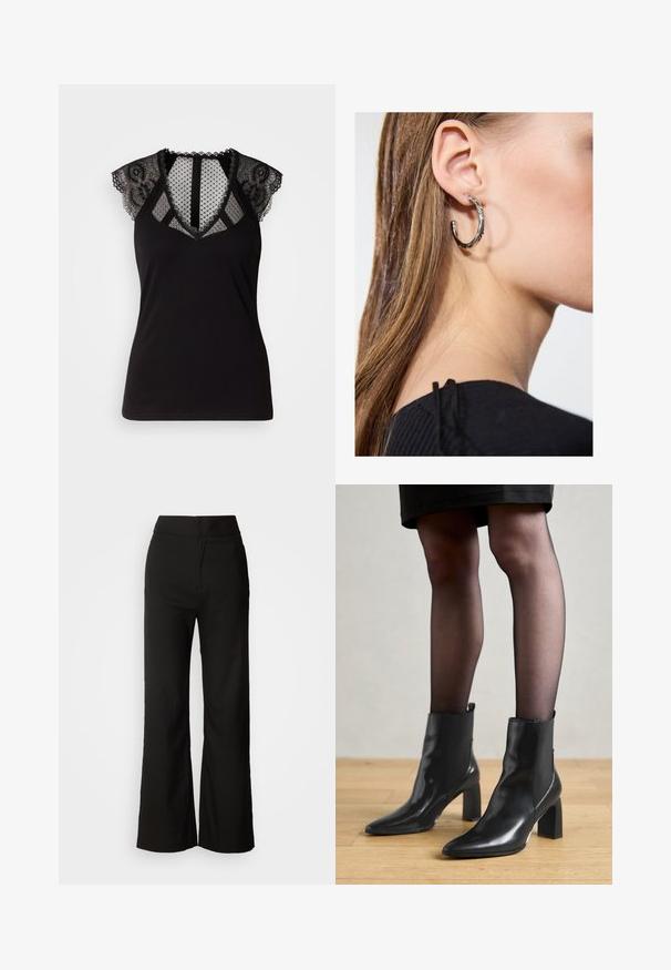 Top nero senza maniche con dettagli in pizzo sulle spalle e un pannello in rete trasparente a pois sul collo e sul retro.; Pantaloni neri a gamba larga con texture liscia, vita alta e design semplice. Nessuna tasca visibile o decorazioni.; Stivaletti neri in pelle con punta affusolata, tacco quadrato imponente e design elegante. Dotati di pannelli laterali elasticizzati per una facile vestibilità.; Orecchino a cerchio in argento con finitura lucida, caratterizzato da piccoli dettagli in oro e una forma tondeggiante, indossato sul lobo.