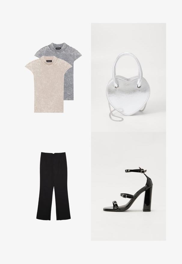 To kortærmede t-shirts i lys beige og mørkegrå, lavet af blødt, struktureret stof med rund hals og subtile mønsterdetaljer.; Sorte bukser med lige pasform, der har frontlommer og slidser i kanten. Lavet af blødt, glat stof. Velegnet til forskellige anledninger.; Sorte patenterede hælsandaler med firkantet tå, ankelremme og sølvspænder. Har en chunky blokHæl for stabilitet.; Sølvmetallic hjerteformet håndtaske med to håndtag, kædestrop og glat tekstur. Har metalhardware og syede kanter.
