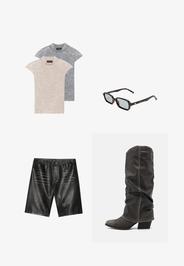 Divi īsām piedurknēm T-krekli gaiši bežā un tumši pelēkā krāsā, izgatavoti no mīksta teksturēta auduma ar apaļu kakla izgriezumu un smalku rakstu detaļu.; Melnie mākslīgās ādas šorti ar gludu tekstūru, pieci kabatas un smalka svītru apdare priekšpusē. Klasiska taisna griezuma dizains.; Pelēki ādas zābaki līdz potītēm ar brīvu dizainu, smailo pirkstu un salikto papēdi. Ievērojama šuvju detaļa uz pirksta zonas.; Saulesbrilles ar taisnstūra melniem un sarkaniem rakstiem apmatņiem, pelēkiem stikliem un zelta akcentu uz tempļa. Dizains ir elegants un moderns.; Čūsku raksta soma ar izliekto rokturi. Izgatavota no teksturētiem, bēšiem un brūniem materiāliem, ar izteiksmīgu dimanta rakstu.