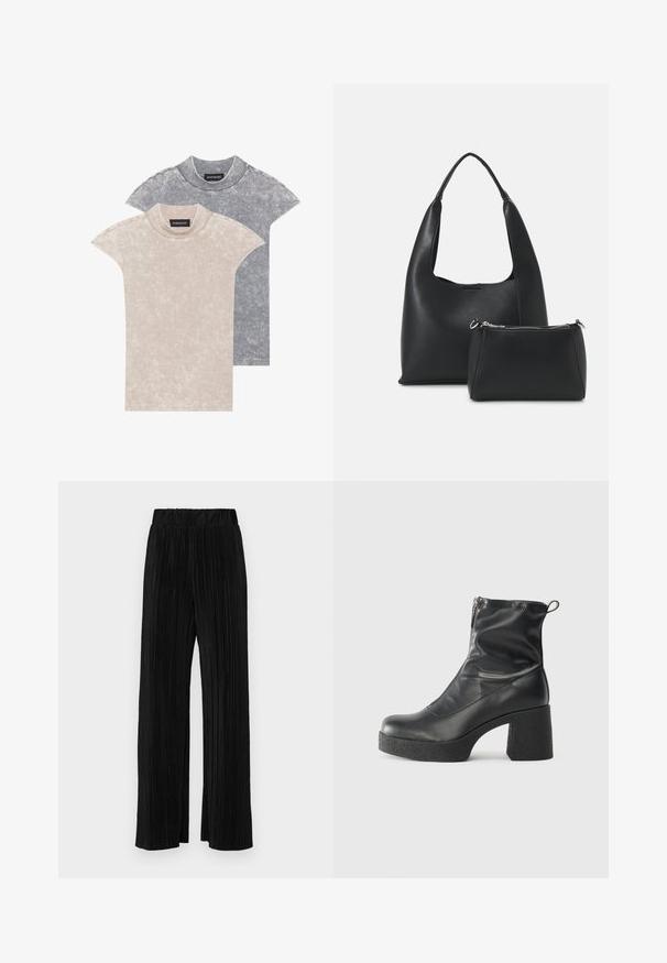 To kortærmede t-shirts i lys beige og mørkegrå, lavet af blødt, struktureret stof med rund hals og subtile mønsterdetaljer.; Sorte plisserede bukser med elastisk talje. Har brede ben og et glat, tekstureret stof med lodrette striber.; Sorte ankelstøvler lavet af glat læder, med en sidelukning, kraftig struktureret hæl og rundt tådesign.; Even&Odd Håndtasker - black