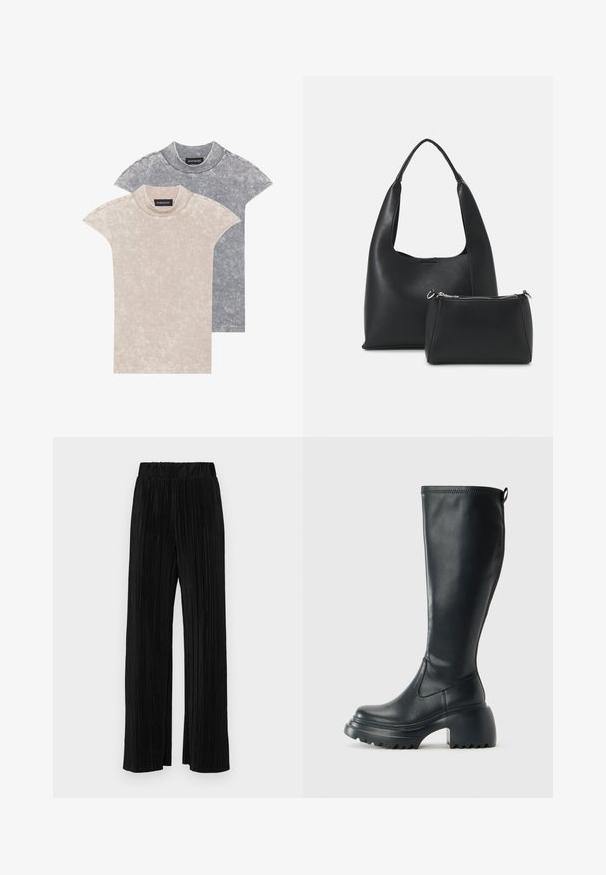 Dvě trička s krátkým rukávem v světle béžové a tmavě šedé barvě, vyrobená z měkké, texturované tkaniny s kulatým výstřihem a jemným vzorovým detailem.; Černé plisované kalhoty s elastickým pasem. Mají široké nohavice a hladkou, strukturovanou tkaninu s vertikálními pruhy.; Vysoká černá kožená bota s masivní platformou a blokovým podpatkem, s poutkem a texturovaným vzorkem na podrážce.; Even&Odd Kabelka - black