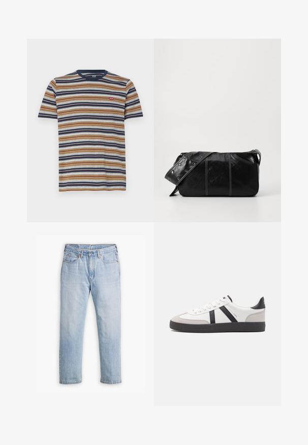 Striped t-shirt with short sleeves, featuring horizontal brown, navy, white, and blue stripes; cotton material, round neckline, small logo at chest.; Light blue denim jeans with a straight leg design, five-pocket style, and contrasting stitching. Button and zipper closure at the waist.; White sneaker with black and gray accents, featuring a textured gray toe cap, black rubber sole, and flat white laces. Clean design, minimalist style.; Black leather shoulder bag with a zip closure, featuring a textured body, white stitching, and a strap with silver grommets.
