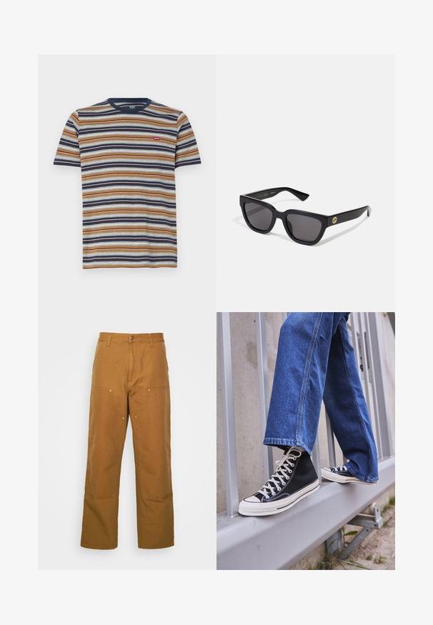 Stripet t-skjorte med korte ermer, med horisontale striper i brunt, marineblått, hvitt og blått; laget av bomull, rund halslinning, liten logo på brystet.; Brune bomull arbeidsbukser med rett ben-design, med frontlommer og metall detaljer for ekstra holdbarhet.; Svarte høy-hælte joggesko med hvit såle og snøring, paired med løse blå denim-jeans, hvilende på et grått rekkverk.; Svarte rektangulære solbriller med en blank finish, mørke linser og gullhardwaredetaljer på stangene med logo.