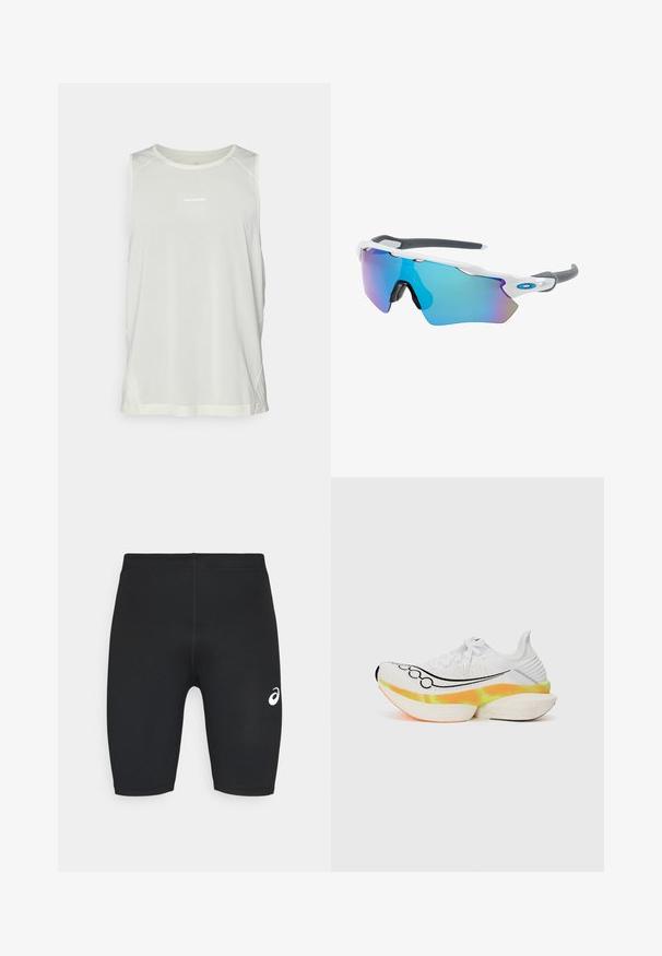 Jasnoszary bezrękawnik sportowy z siateczkową fakturą i okrągłym dekoltem. Na przodzie znajduje się logo "Salomon".; Czarne spodenki sportowe o gładkiej teksturze, dopasowanym kroju i białym logo po lewej stronie. Brak widocznych kieszeni lub metalowych detali.; Białe buty biegowe z teksturowaną siateczką, czarnym logiem Swoosh oraz kolorową, wielowarstwową podeszwą z pomarańczowymi i żółtymi akcentami.; Okulary przeciwsłoneczne z białą oprawą, szarymi akcentami i niebieskimi lustrzanymi soczewkami. Sportowy design, kształt otaczający, z regulowanymi noskami.
