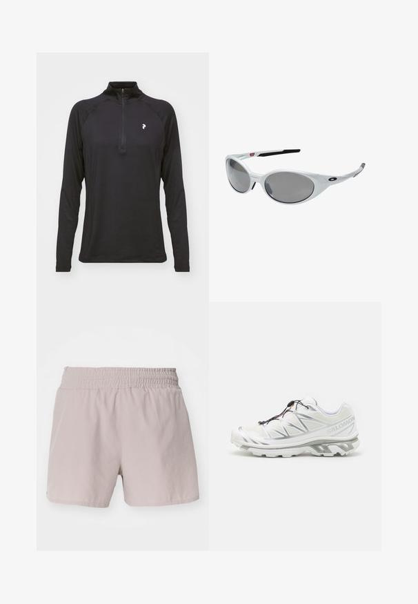 Tricou negru cu mânecă lungă, cu fermoar pe un sfert, cu o textură netedă și un design ajustat. Dispune de mâneci raglan și un mic logo alb pe piept.; Șorturi bej deschis cu un tiv elastic, textură netedă și design simplu. Nu au închideri vizibile sau modele.; Pantofii sport albi cu un superior texturat, accente reflective și o talpă gri. Presenta modele triunghiulare accentuate și un sistem de șireturi rapide.; Ochelari de soare din plastic alb, cu lentile mari, ovale, de culoare gri. Au prinderi negre la urechi și un mic logo pe ramă. Finisaj neted.; Salomon ACTIVE SKIN 12 SET UNISEX - Rucsac cu sistem de hidratare - black