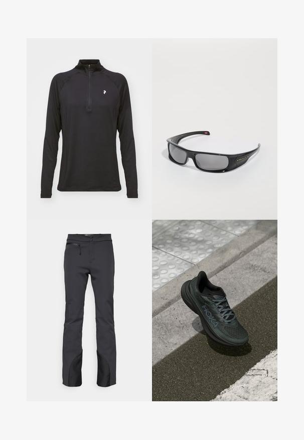 Must värviline pikkade varrukatega kvartzipiga topp, millel on sile tekstuur ja keha jäljendav disain. Omab raglan-varrukaid ja väikest valget logo rinna kohal.; Mustas tehnilisest kangast välispüksid, millel on tõmbluku tasku, lamedat vöökohta ja mustad aktsendid sääreotstel.; Musthave mustad jooksujalats, millel on võrkpinna ülemine osa, tekstuuriga aktsendid ja logo, millel on pehme sola ja hallid paelad, asetatud asfaldile.; Mustad mustad Oakley päikeseprillid tumedate ristkülikuliste läätsedega ja kaarjate kätega valgel taustal.