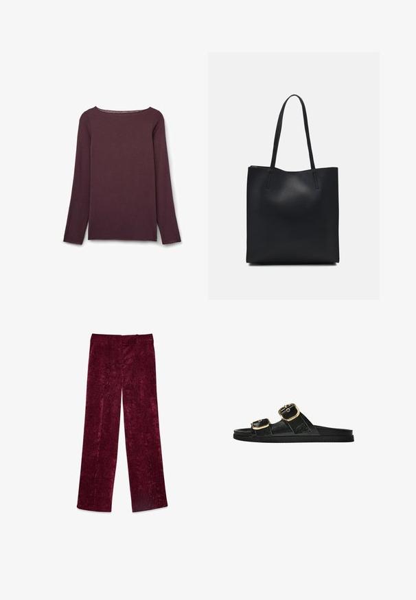 Långärmad topp med rundad halsringning i djup burgund, tillverkad av ett mjukt tyg med en slät yta och minimala söm detaljer.; Burgundy vida byxa med vida ben, tillverkad av mjukt, texturerat tyg med en slät midja och rak silhuett. Inga synliga fickor eller utsmyckningar.; Svart glidsandal med två guldfärgad spännen, slät textur av material, platt sula och en minimalistisk design.; Svart lädertoffelväska med slät textur, rektangulär form och två långa handtag. Ingen synlig hårdvara eller dekorationer.