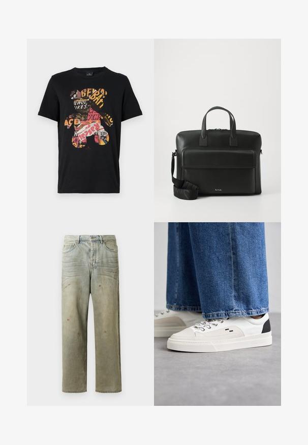 Črna bombažna majica s pisanimi grafičnimi motivi medvedka, narejenega iz besedila in slik v koláž stilu, kar ustvarja živahen dizajn.; Utrujeni denim kavbojke v svetlo zeleni barvi, s ravnimi nogavicami, petimi žepi in neenakomernim bledenjem ter madeži barve.; Bela in črna športna obuvala z gladkim usnjenim zgornjim delom, teksturiranimi detajli in masivnim belim podplatom. Imajo klasičen dizajn z vezalkami.; Črna usnjena aktovka z dvema zgornjima ročajema, sprednjo žepno in odstranljivim trakom, ki na dnu vsebuje diskretno blagovno oznako.
