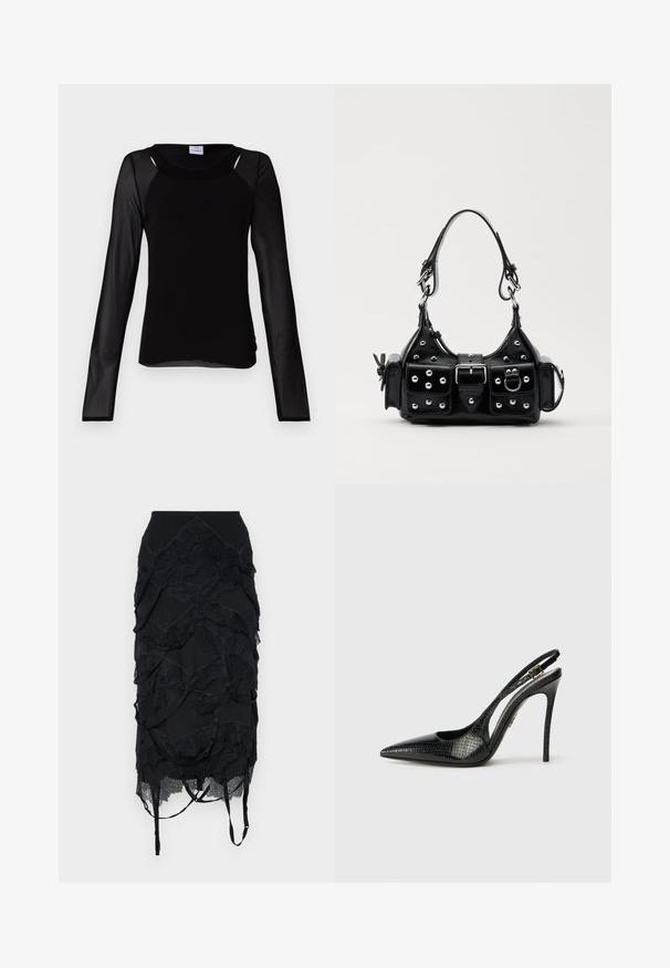 Won Hundred AGNETHA - Langarmshirt - black; Schwarzer Rock mit schichtenweise Spitzenakzenten, einem taillierten Bund und verstellbaren Trägern. Das Design weist ein wellenartiges Muster auf.; Schwarzer Slingback-Pump mit spitzer Zehenpartie, strukturiertem Schlangenmuster, Stiletto-Absatz und einer dekorativen Schnalle am Riemen.; Schwarze Lederhandtasche mit einem geschwungenen Design, verziert mit silbernen Nieten, einer Schnalle und zwei seitlichen Taschen. Verstellbarer Träger für verschiedene Tragemöglichkeiten.