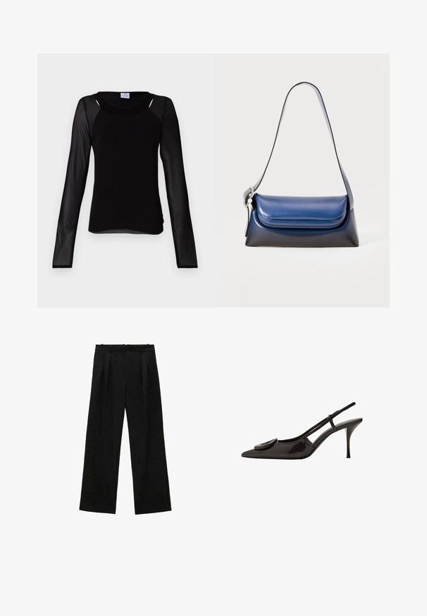 Won Hundred AGNETHA - Long sleeved top - black; Black wide-leg trousers with pleats, featuring a smooth texture and a high waist design. Minimalist style, no visible hardware or embellishments.; Black patent leather slingback shoe with pointed toe, minimalistic design, small circular accent on the vamp, and slender heel.; Navy leather handbag with a smooth finish, featuring a rounded shape, folded top, and a single shoulder strap. Silver hardware accent included.