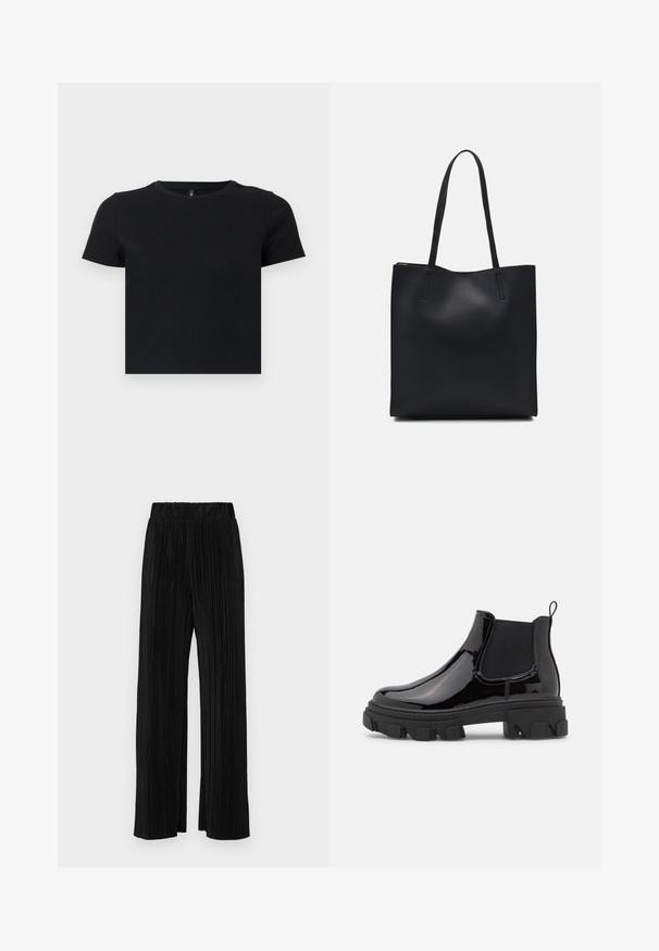 Sort t-shirt med korte ærmer lavet af blødt bomuld. Har en rund halskrave og en tætsiddende pasform. Glat tekstur uden mønstre eller detaljer.; Sorte plisserede bukser med elastisk talje. Har brede ben og et glat, tekstureret stof med lodrette striber.; Sorte patentlæder Chelsea støvler med elastiske sidepaneler, chunky tekstureret sål og bagpanel for nem påtagning.; Sort læder tote taske med glat tekstur, rektangulær form og to lange hanke. Ingen synlig hardware eller udsmykninger.