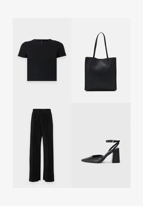 Must musta särk lühikeste varrukatega, valmistatud pehmest puuvillast. Omab ümarat kaelust ja kergelt liibuvat disaini. Sile tekstuur ilma mustrite või aksessuaarideta.; Mustad pleekitud püksid elastse vöökohtaga. Omavad laiad jalad ja sujuvat, tekstureeritud kangast vertikaalsete triipudega.; Mustmustest must-käigukingad, millel on konksuga nöör ja paks konts. Ühtlane tekstuur, stiilne disain ja minimalistlik esteetika.; Mustast nahast kott sujuva tekstuuriga, ristkülikukujuline ja kahe pika sangaga. Pole nähtavat riistvara ega kaunistusi.