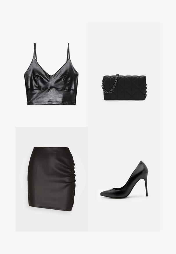 Sorte, skinnende bralette med tynde justerbare stropper, der har en V-udskæring, glat tekstur og subtil samling ved brystet for form.; Sort mini skirt lavet af glat syntetisk materiale, med rynket detaljer på den ene side og en tætsiddende silhuet.; Sorte læder højhælede pumper med spids tå og glat overflade. Har en slank stilethæl og et lavt udskæringsdesign.; Quiltet sort håndtaske med en glat læderfinish, der har en kædetrækningsrem og geometriske diamantmønstre på overfladen.